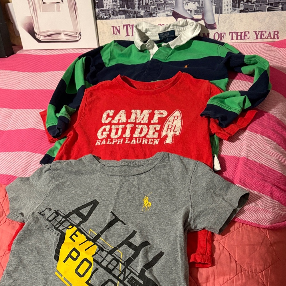 Ralph Lauren Kids Red Camp Guide Graphic Tee with Gray and Green Layered Tops